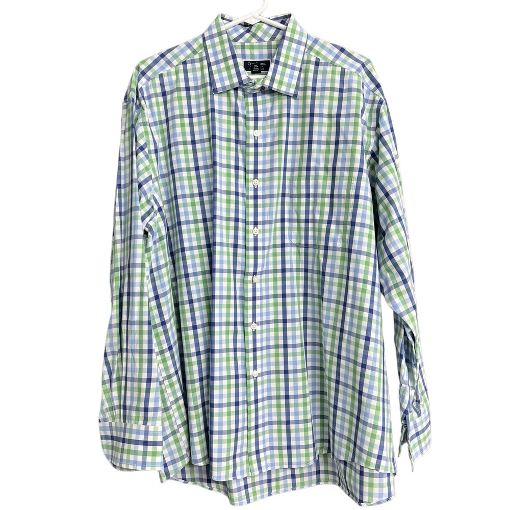 Club Room Blue Green Checkered Dress Shirt Size 17.5‎